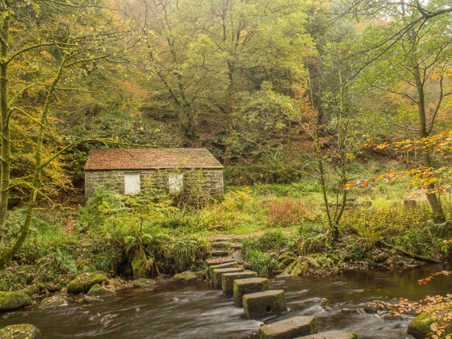 Stepping stones across Hebden Water just downstream from Gibson Mill